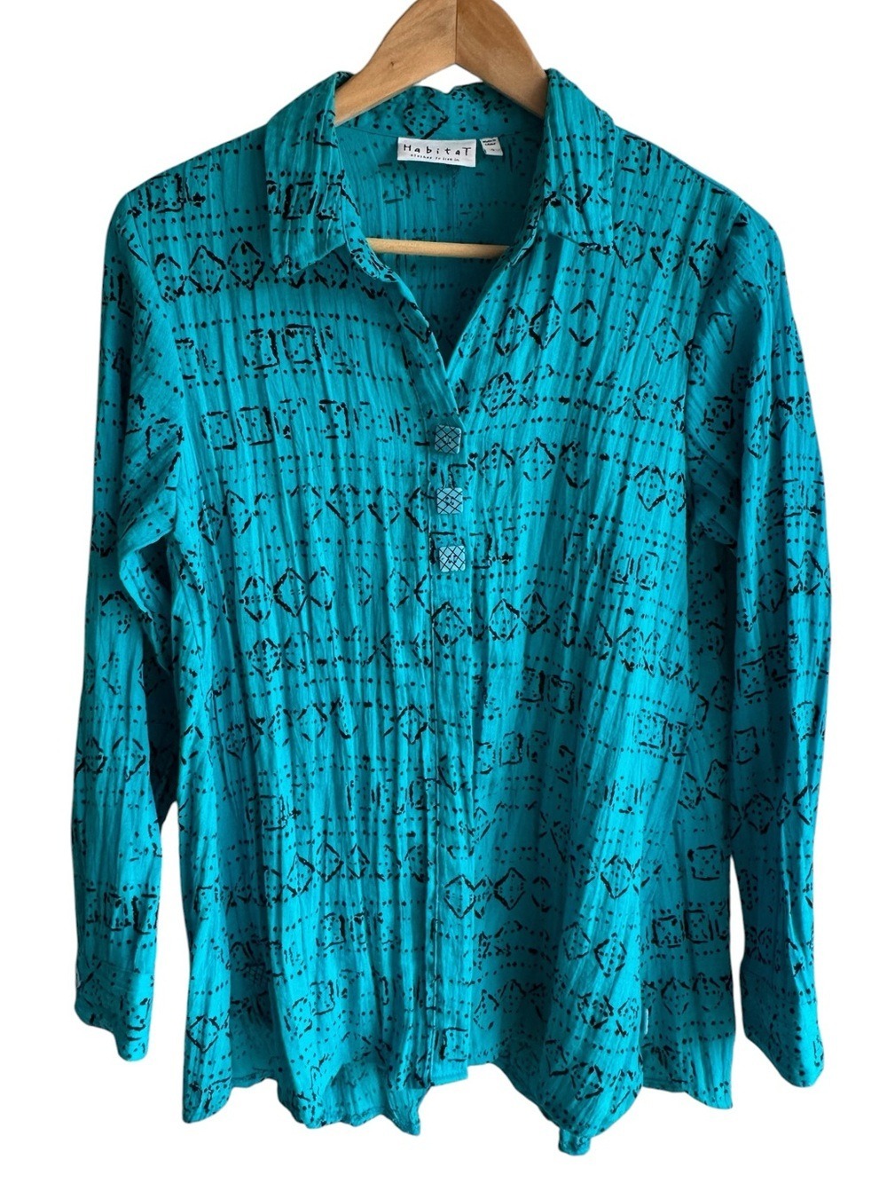 Habitat Funky Button Down Shirt Sz S Blue Relaxed Fit Tunic Top Breezy Unlined